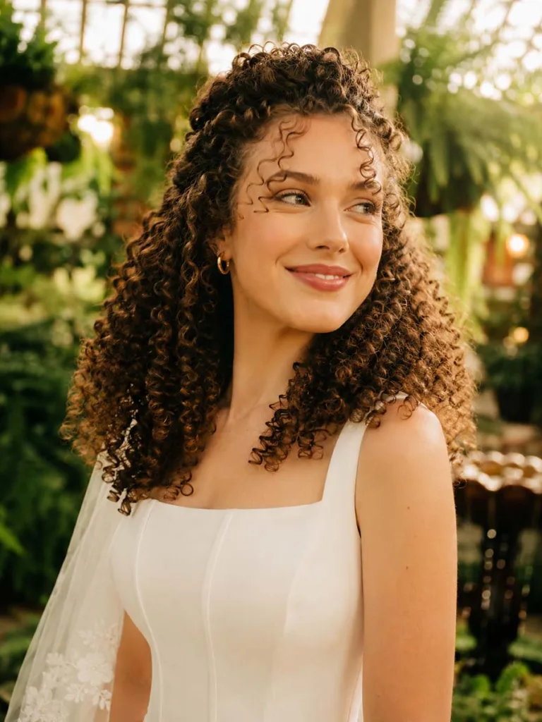 Curly half up hairstyle celebrating natural coily hair texture for a wedding