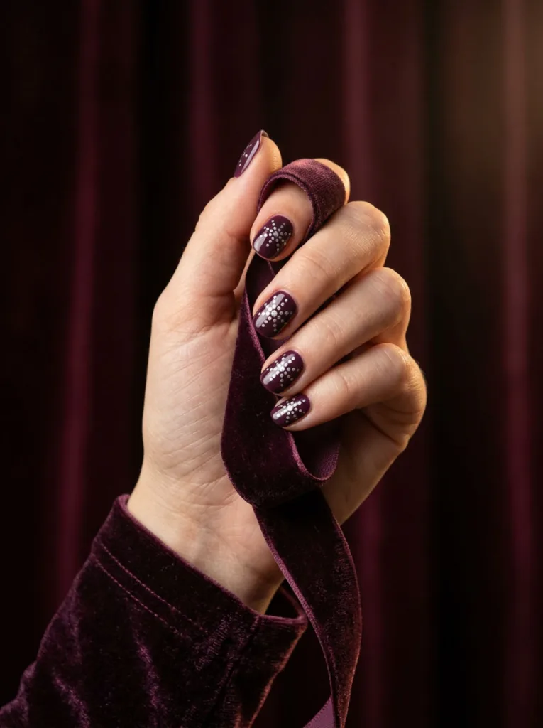 Fair-skinned hand holding a velvet ribbon showing dark plum snowflake christmas nails.