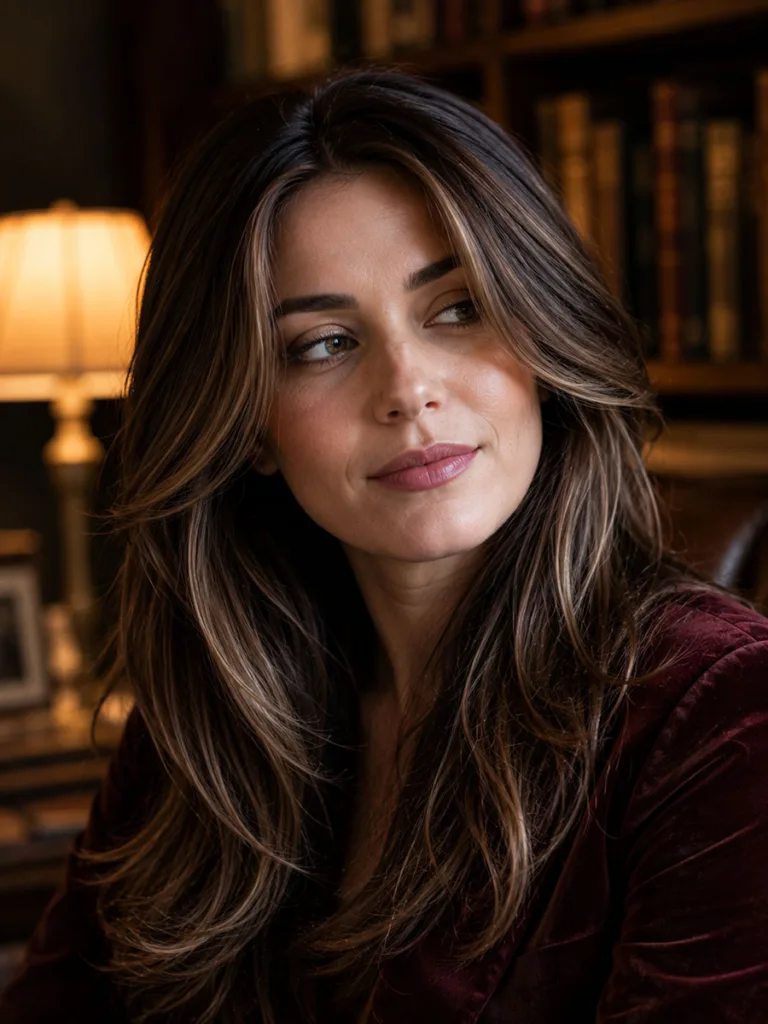 Deep chocolate bronde high-contrast balayage close-up