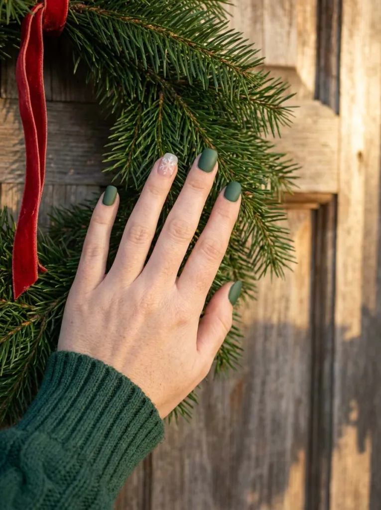 Fair-skinned hand resting on a pine wreath with deep green snowflake christmas nails.