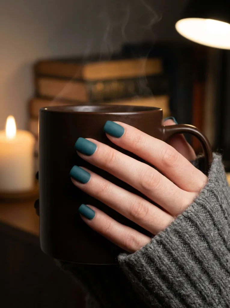 Deep teal matte winter nails in a cozy evening setting