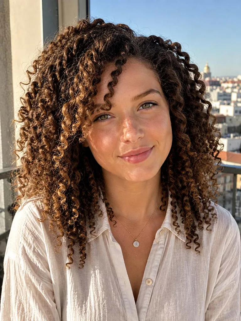 Woman with a two-strand twist-out summer hairstyle on a sunny balcony