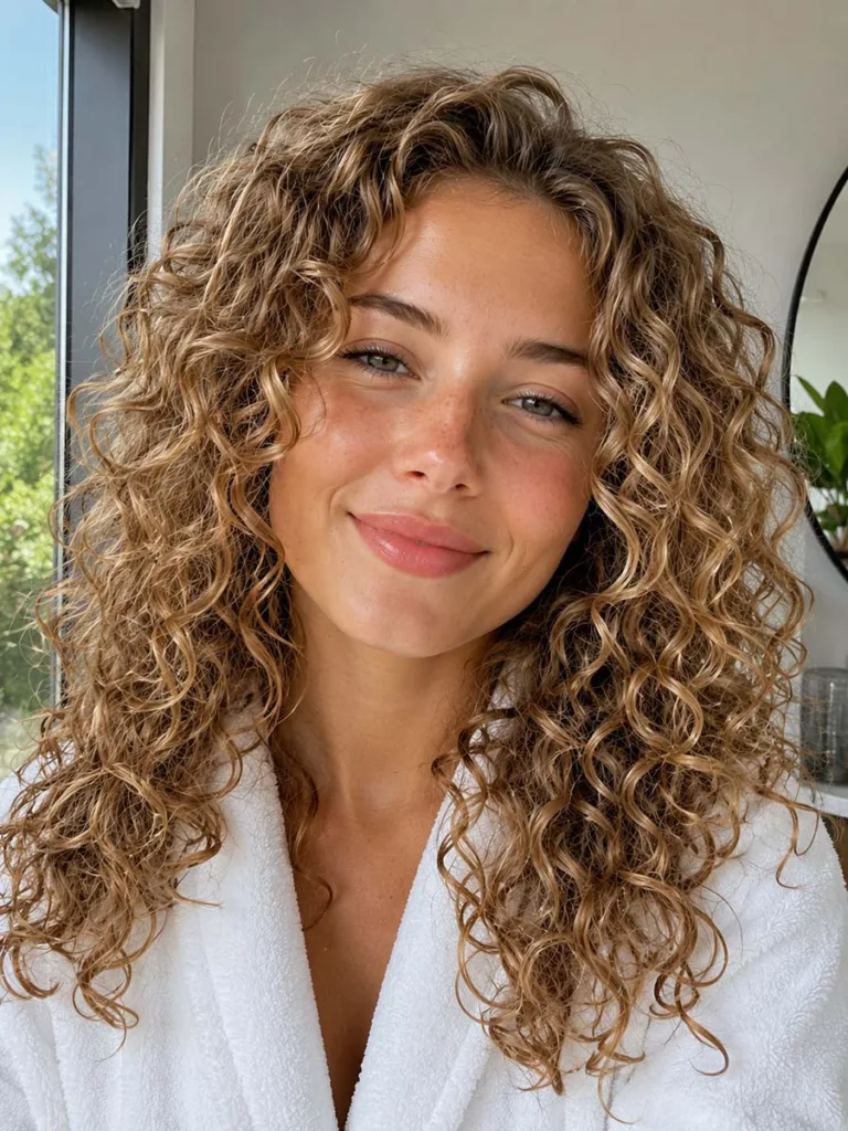 Woman with defined wash-and-go curls summer hairstyle in natural light