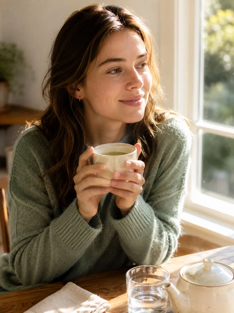 Woman drinking green tea for glass skin diet habits