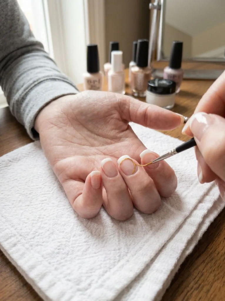 Woman's hand using a striping brush to paint a gold French tip at a home vanity