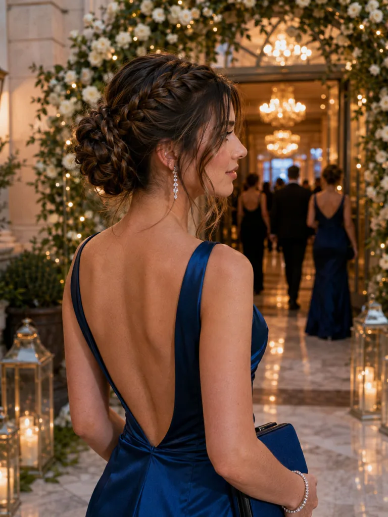Double braided bun prom hairstyle for long hair outdoors
