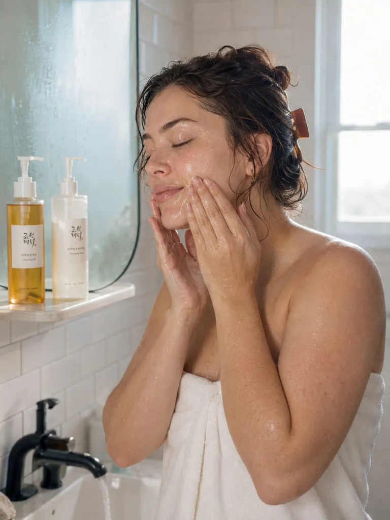 Woman double cleansing her face as the first step of a Korean beauty glow routine