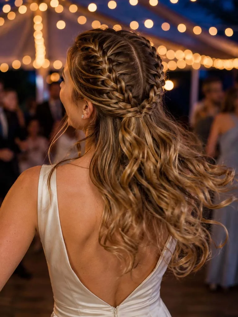 Double Dutch braid half up hairstyle with curled ends for a wedding reception