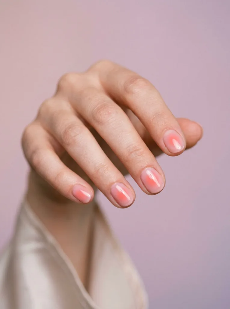 Hand with burgundy aura nail design against a pastel gradient background
