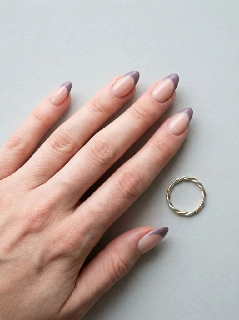 Muted dusty purple French tips on a soft nude base, hand resting on a minimalist neutral surface