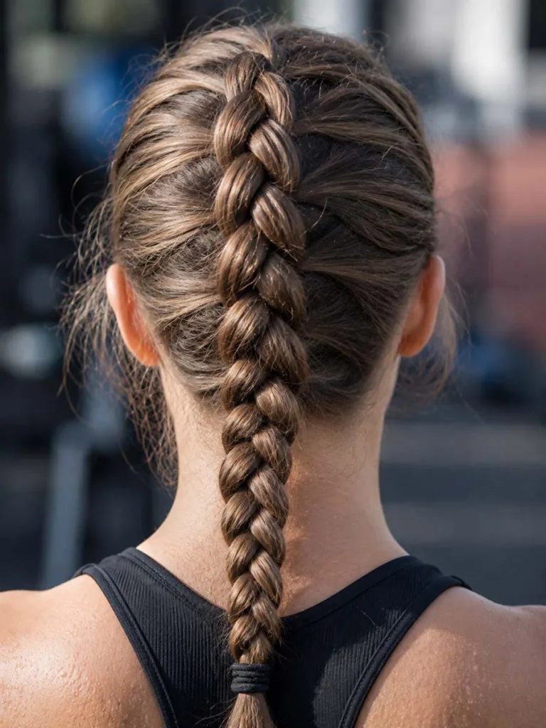 Close-up of a Dutch braid hairstyle close to the scalp on long hair