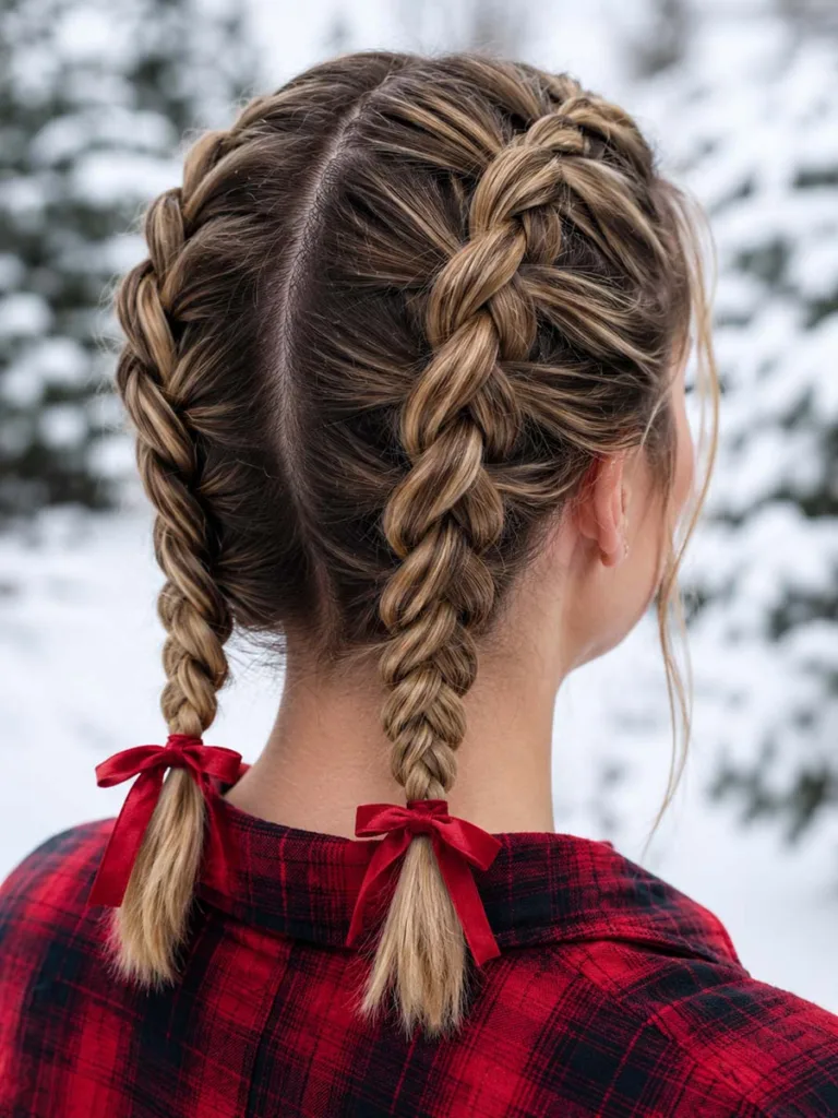 Close-up of Dutch braid pigtails christmas hairstyle tied with red ribbon