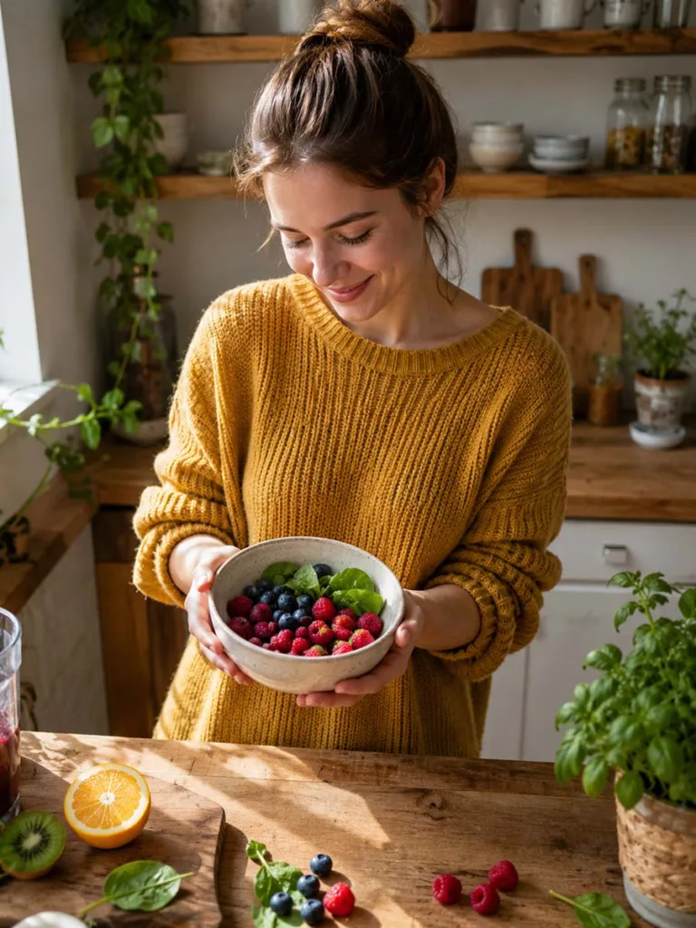 Woman in her 20s eating antioxidant-rich berries and greens to support skin aging prevention