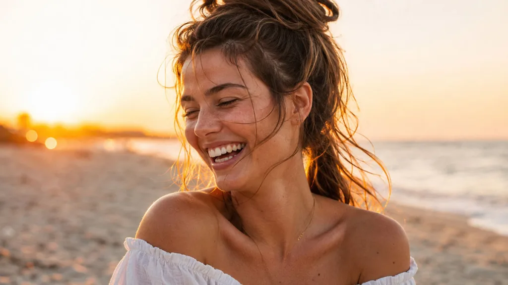 Woman with an easy summer hairstyle, a twisted high ponytail, laughing on the beach at golden hour