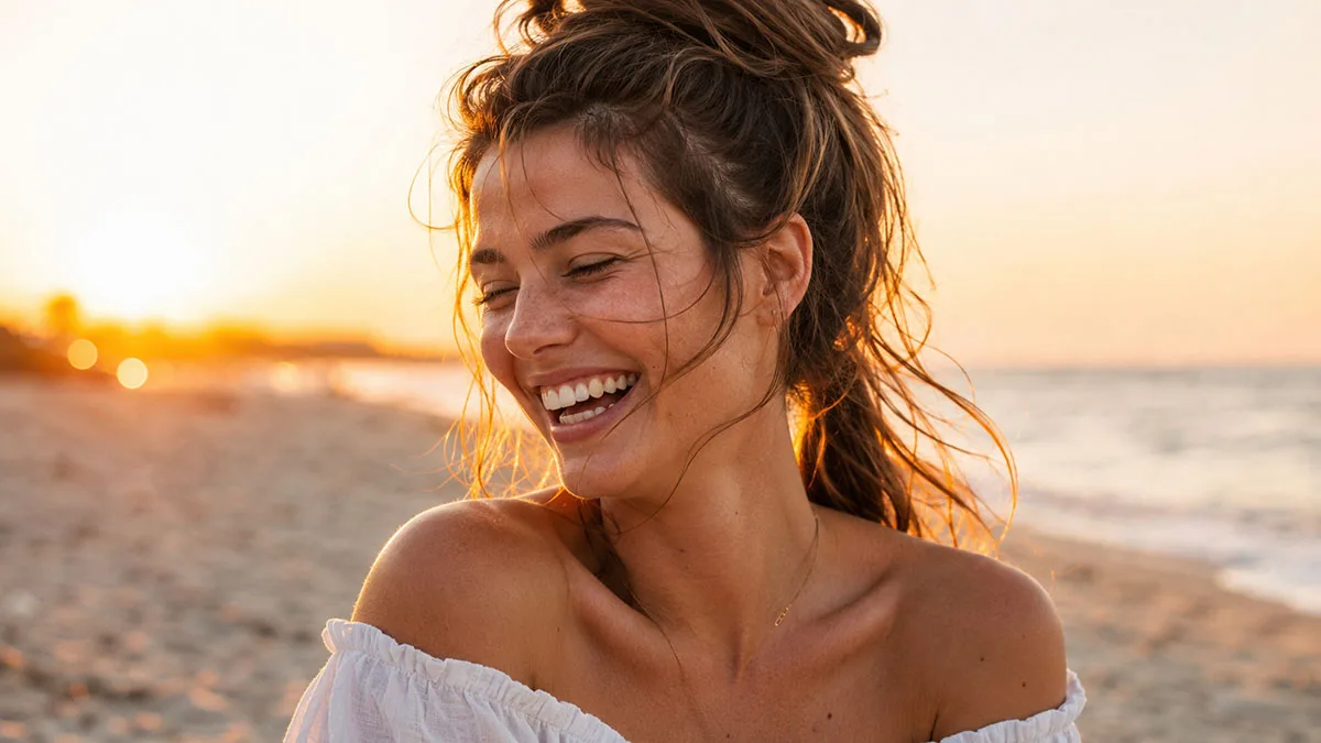 Woman with an easy summer hairstyle, a twisted high ponytail, laughing on the beach at golden hour