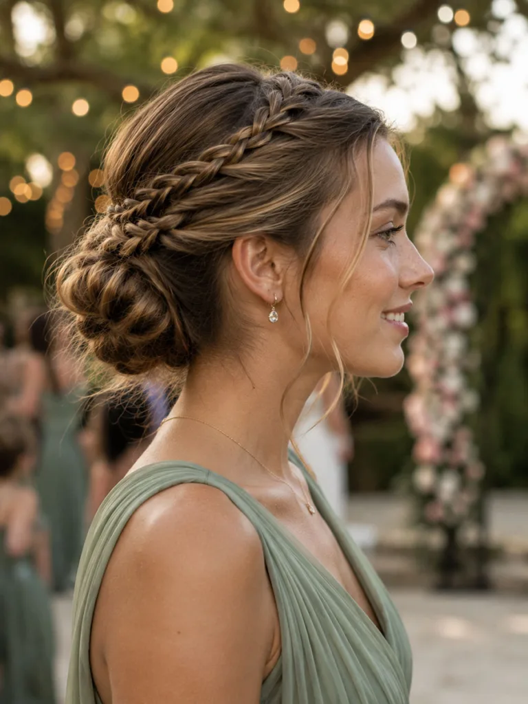 Woman with a braided bun summer hairstyle at an outdoor wedding