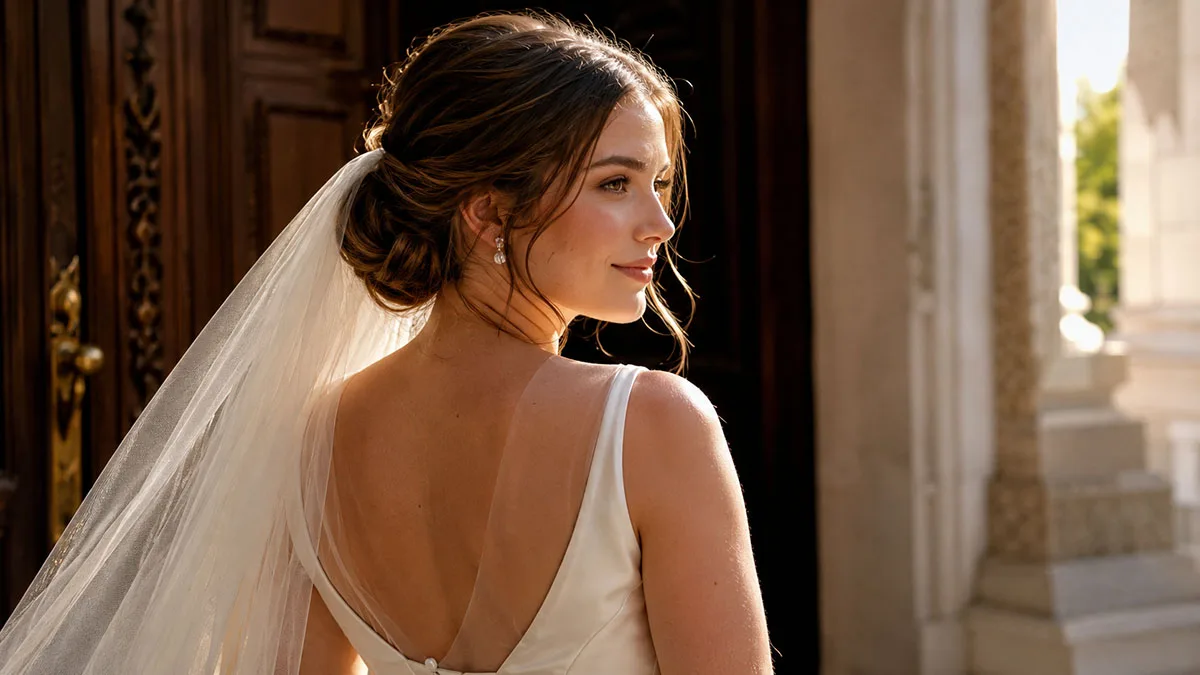 Bride from behind wearing an elegant low chignon wedding updo with a cathedral veil in soft golden light