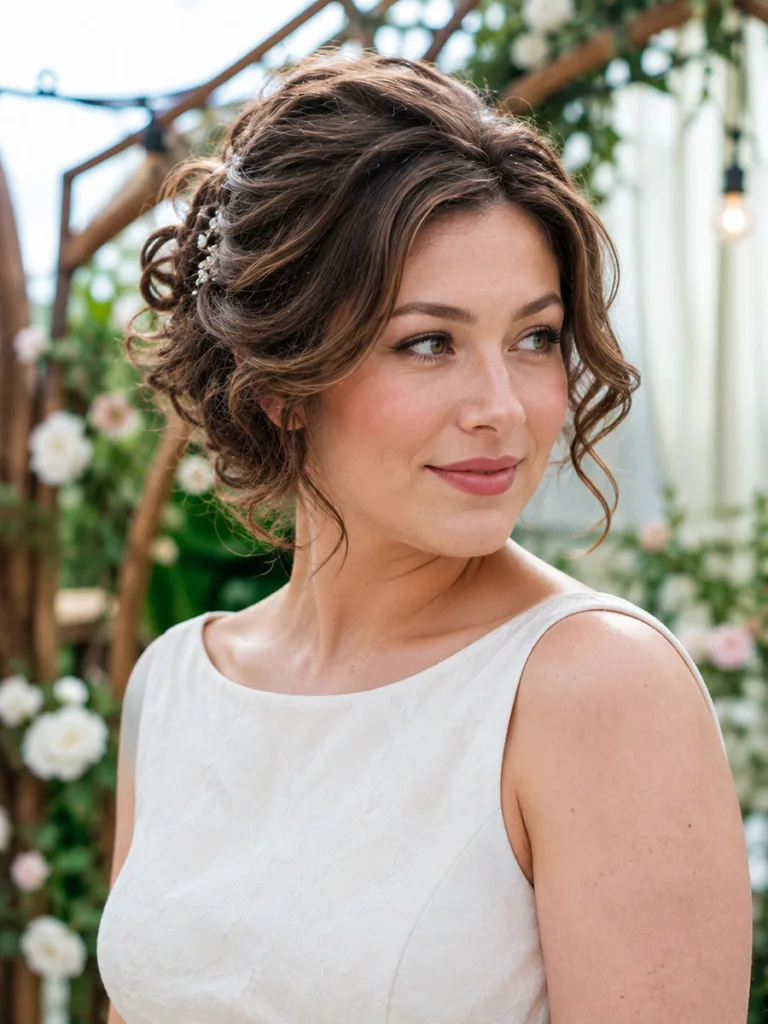 Wedding updo styled for short bob-length hair at an intimate garden elopement