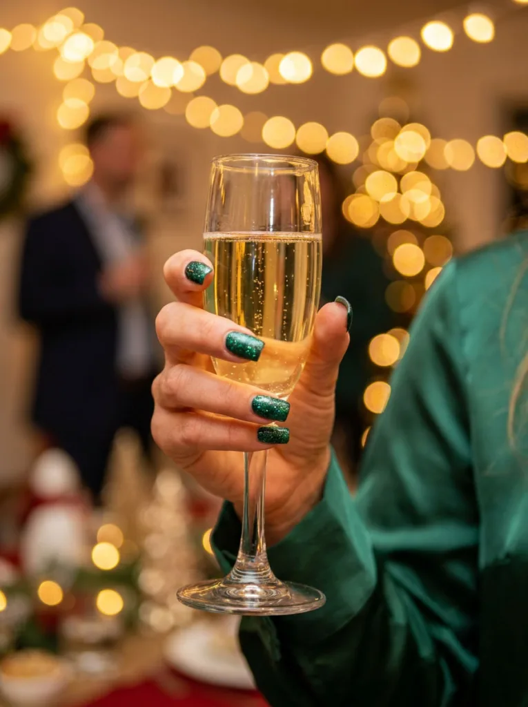Fair-skinned hand with emerald green glitter square winter nails holding a champagne flute