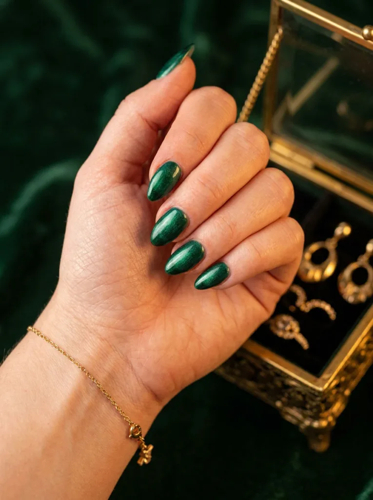 Shimmering emerald green French tips on winter nails, hand posed near gold jewelry against a velvet backdrop