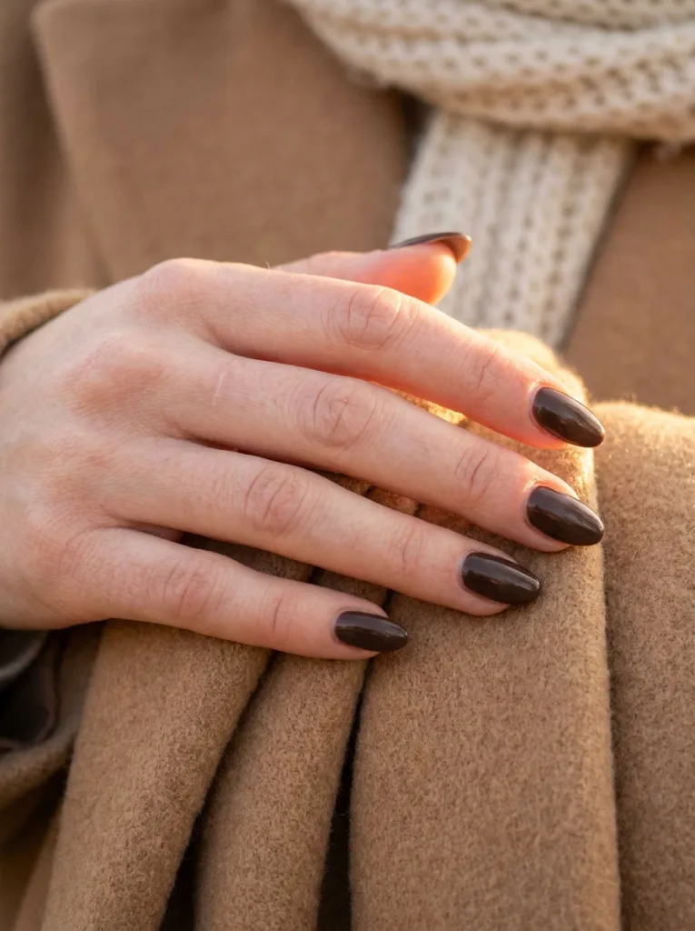 Fair-skinned hand with espresso brown simple winter nails resting on a camel wool coat sleeve