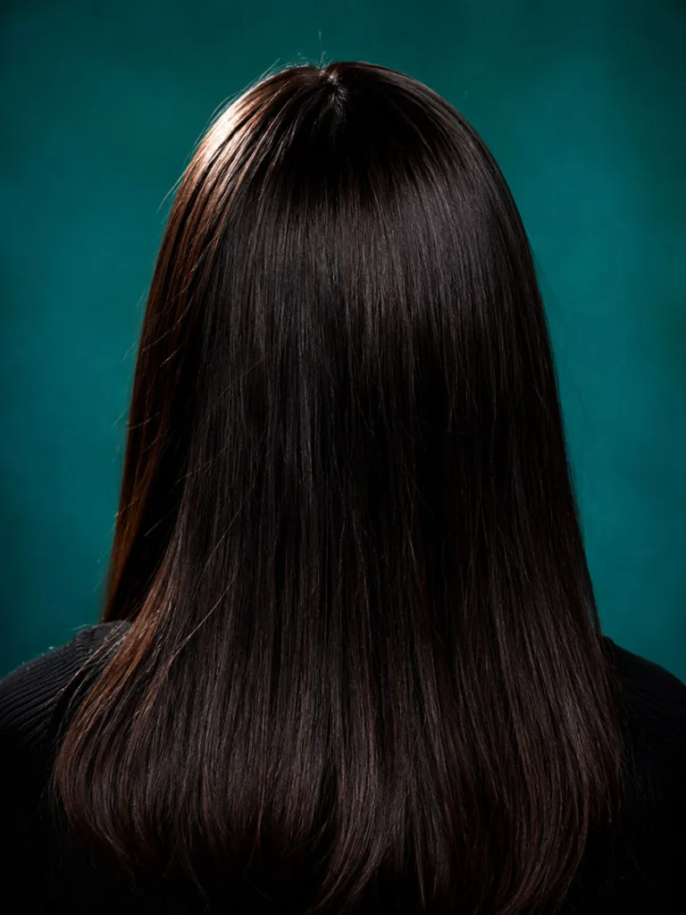 Back view of sleek espresso brown winter hair color against a vibrant teal backdrop
