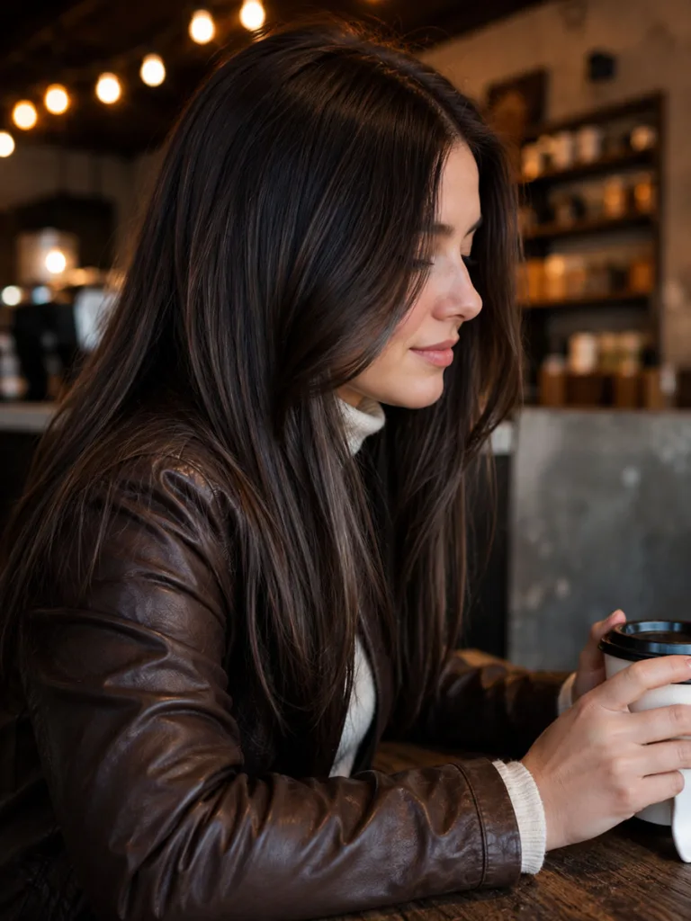 Woman with espresso and mocha balayage seated in a cozy coffee shop