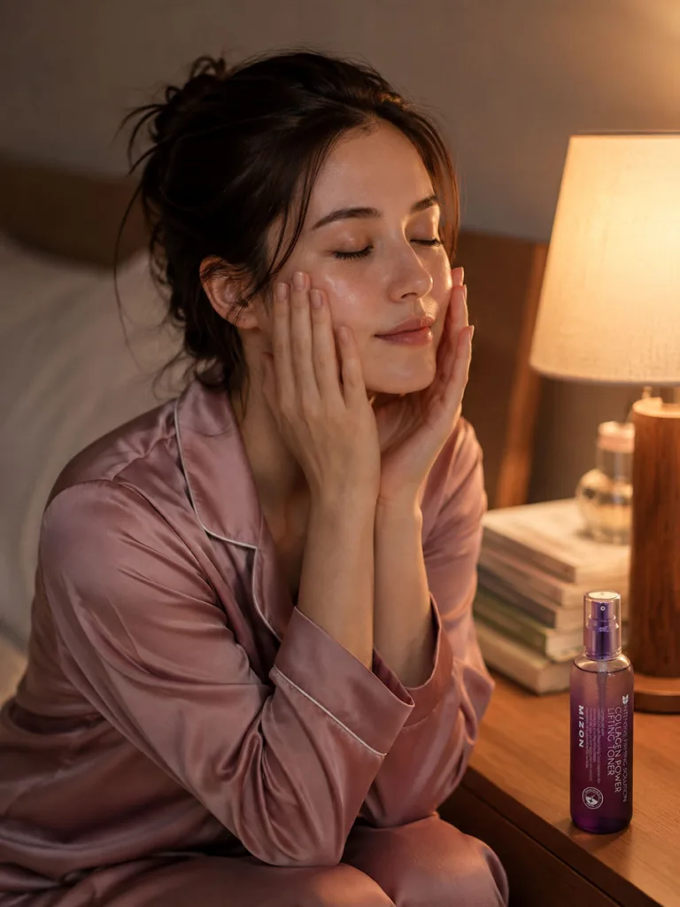 Woman applying Mizon collagen firming toner during an evening skincare routine