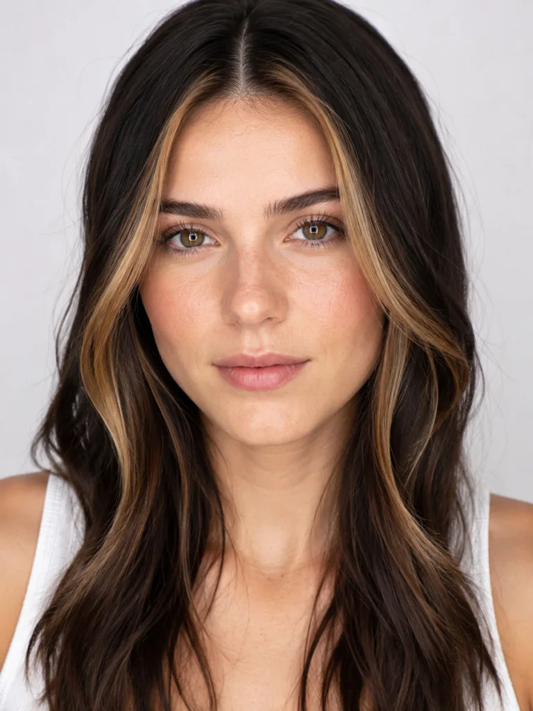 Close-up beauty shot of face-framing balayage highlights on brunette hair