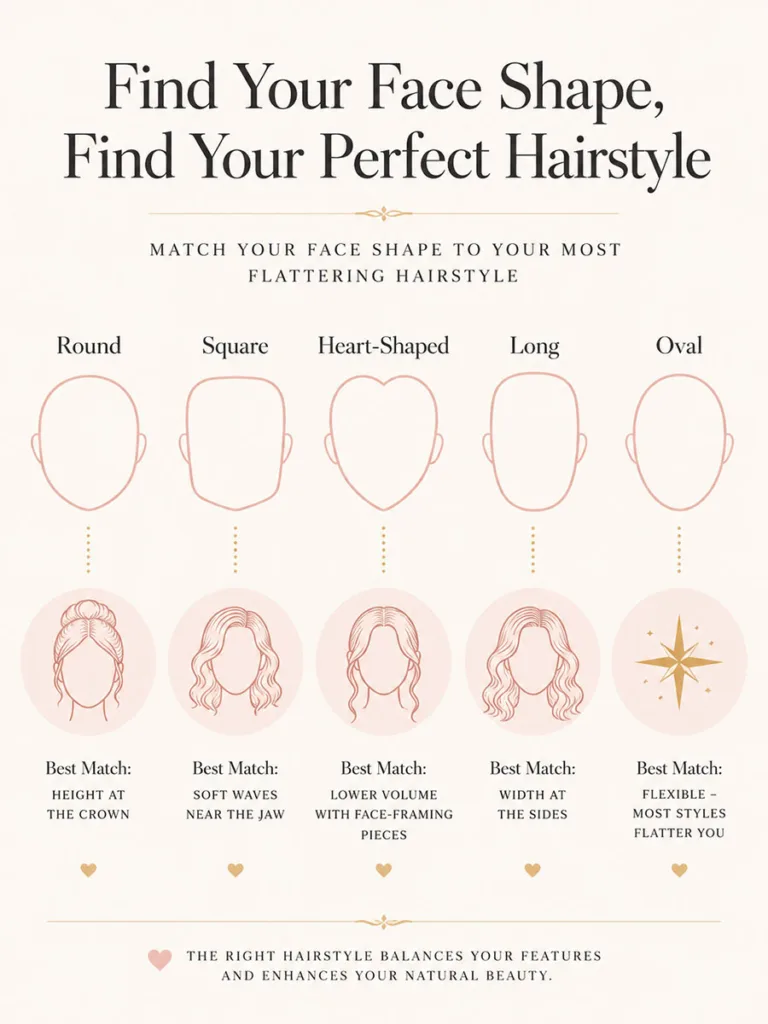 Face shape guide for half up half down bridal hair showing round, square, heart, long, and oval matches