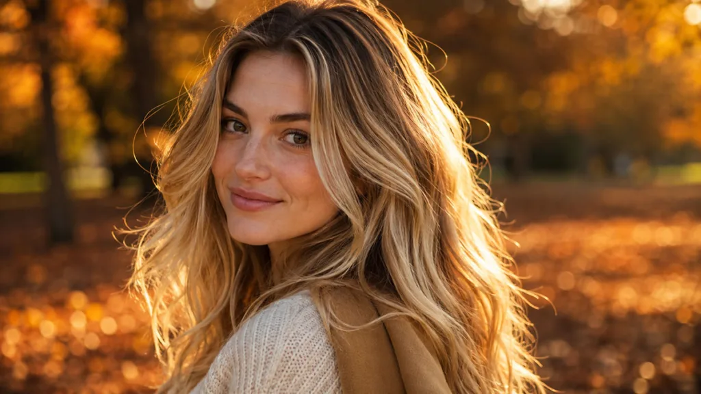 Woman with warm honey balayage showing fall hair colors for blondes standing in golden autumn light