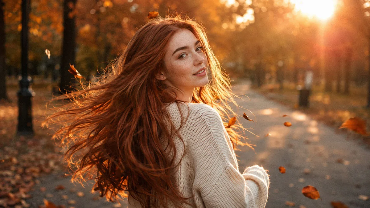 Woman with warm auburn copper fall red hair color walking through autumn park
