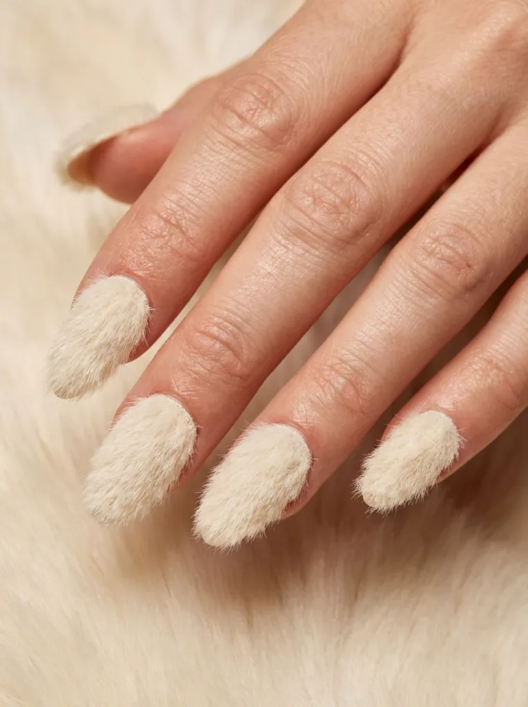 Fluffy three-dimensional faux fur textured French tips on winter nails against a matching fur stole