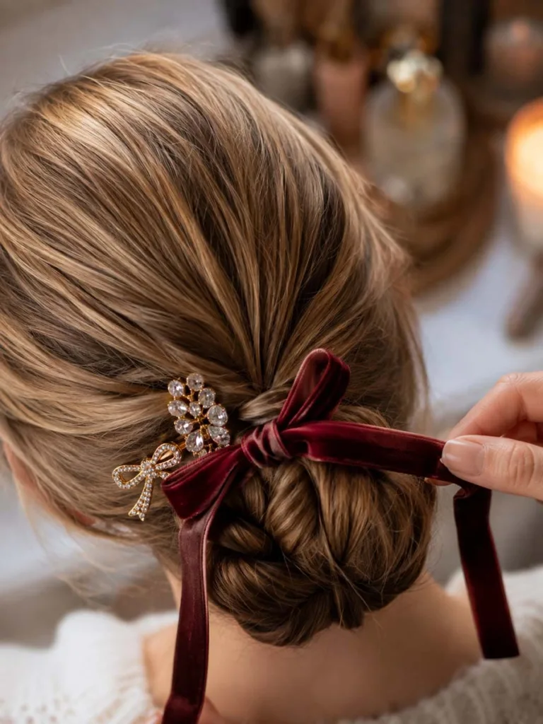 Close-up of a velvet ribbon being tied into a christmas hairstyle