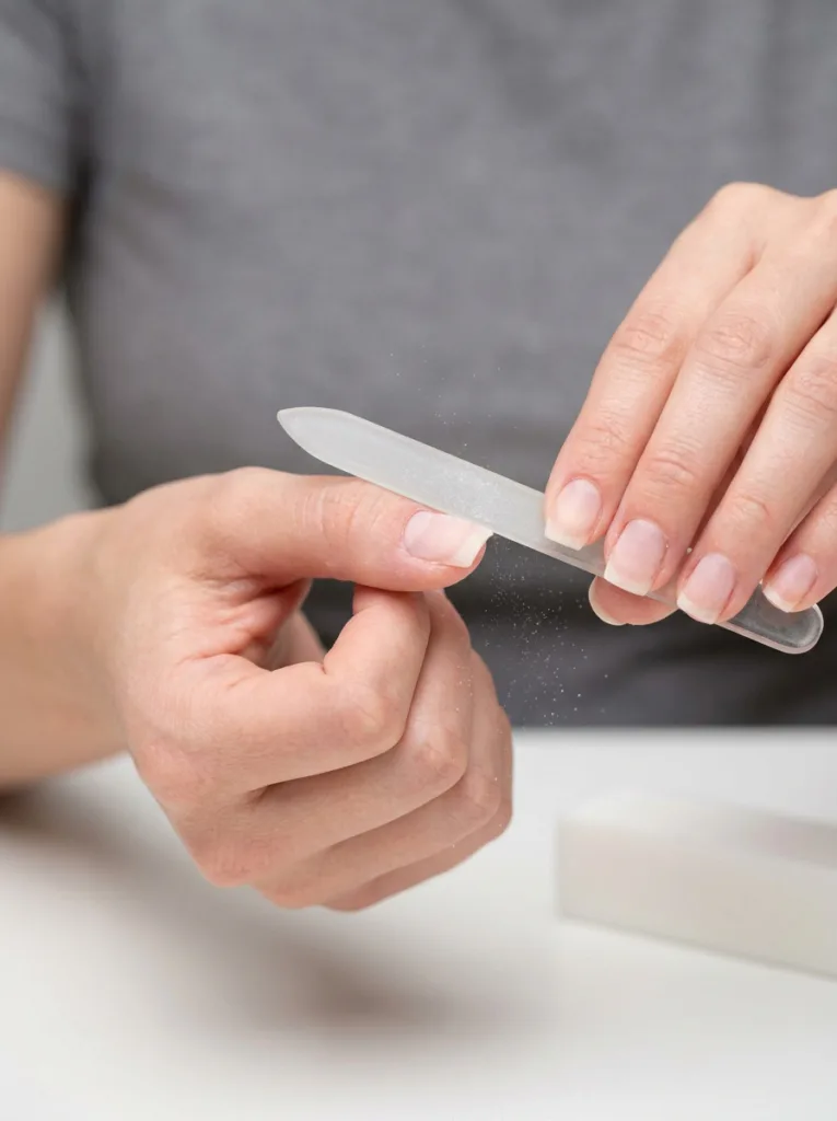Close-up of a fair-skinned hand using a glass nail file to shape a square nail shape