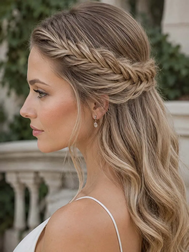 Fishtail braid accent half up hairstyle for a simple elegant wedding look