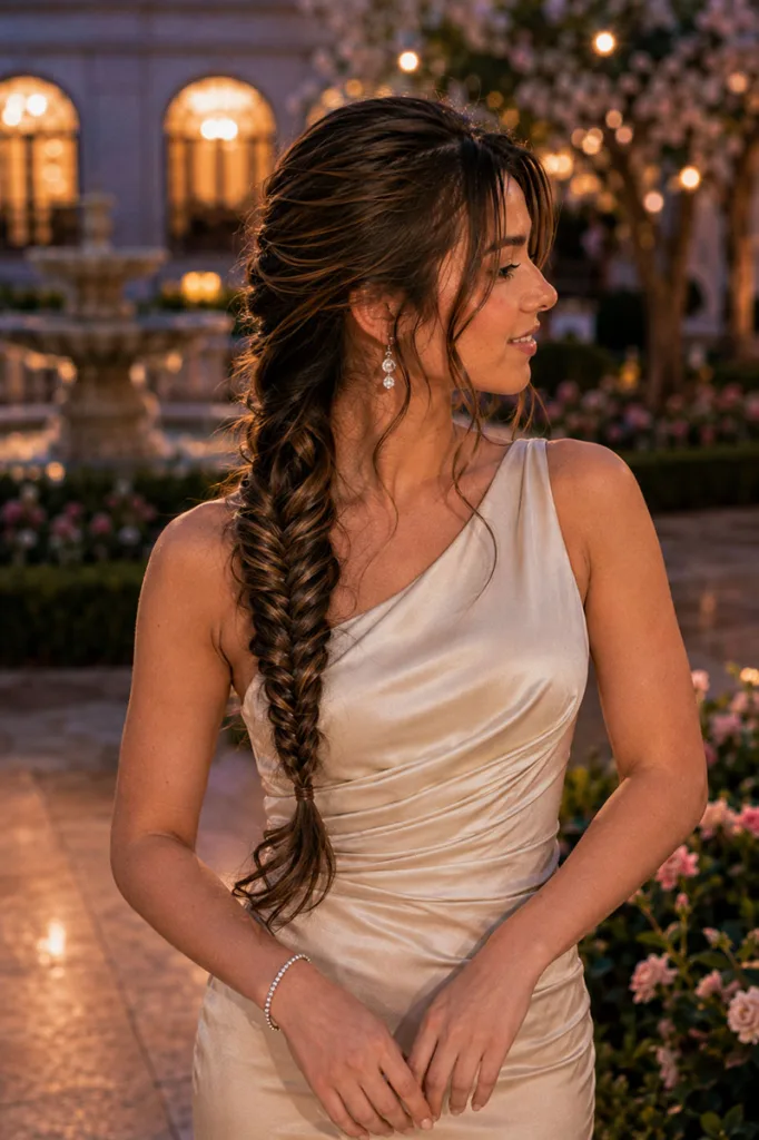 Fishtail braid prom hairstyle for long hair at sunset
