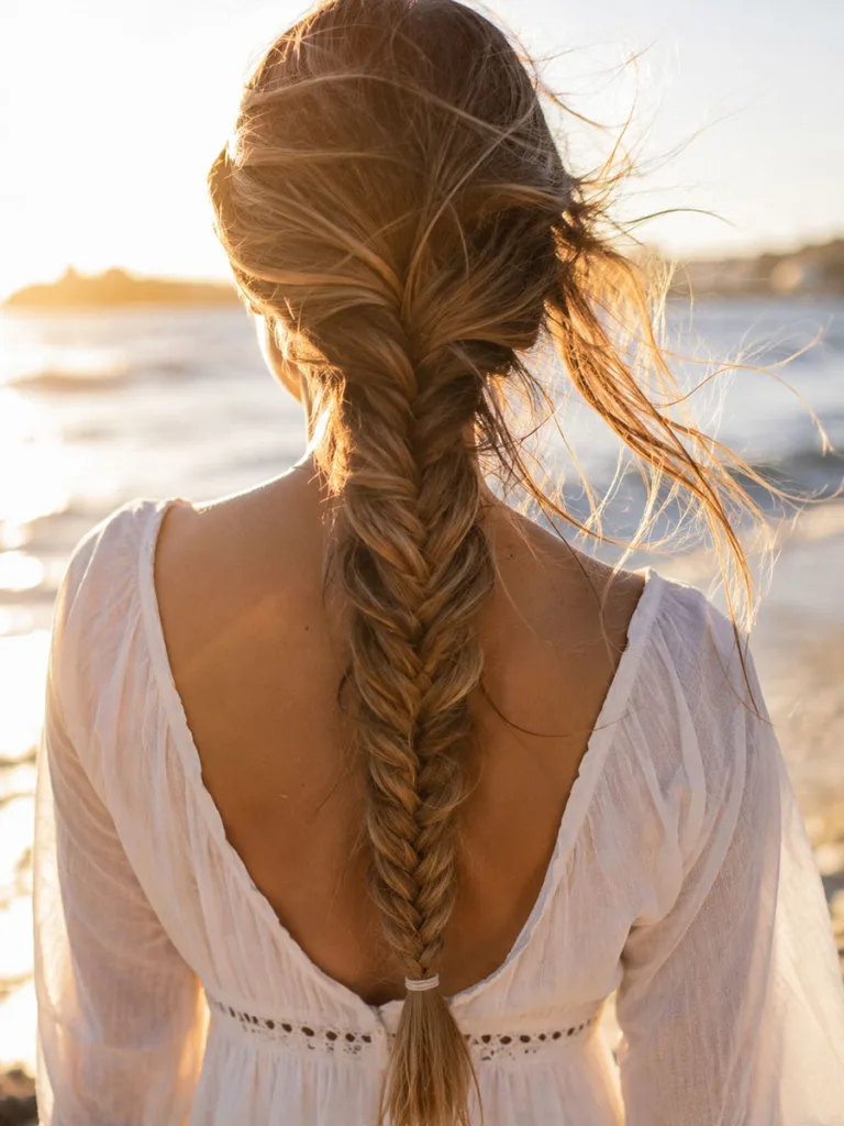 Woman with a fishtail braid summer hairstyle on a windy beach