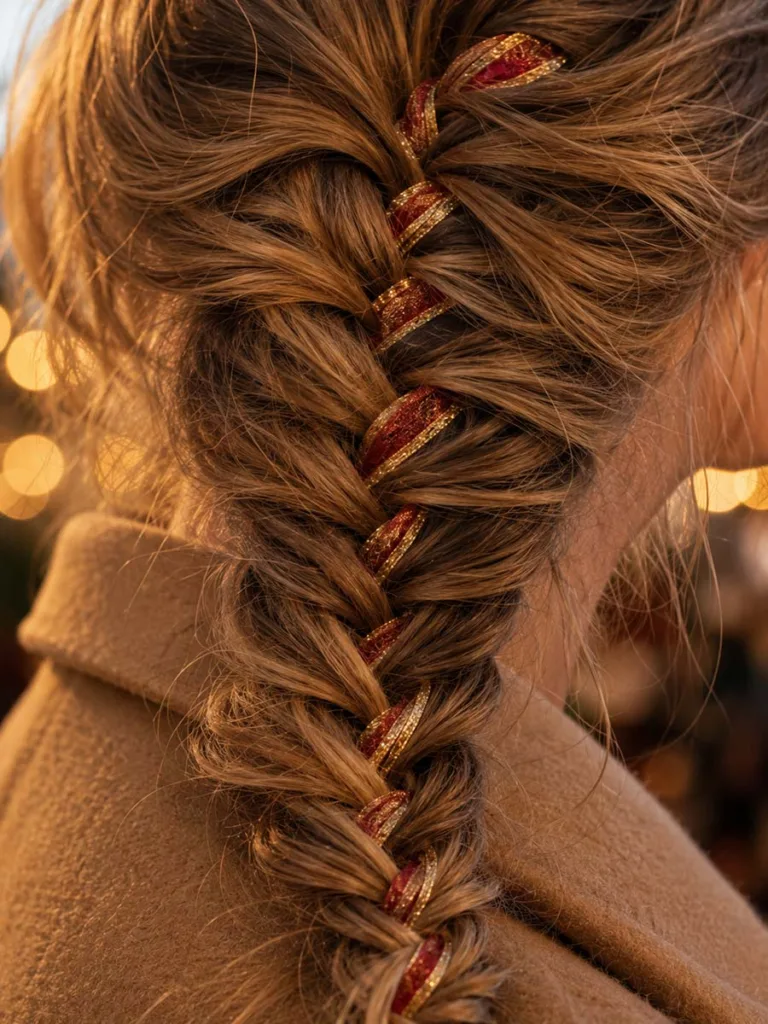 Close-up of a fishtail braid christmas hairstyle woven with a red ribbon