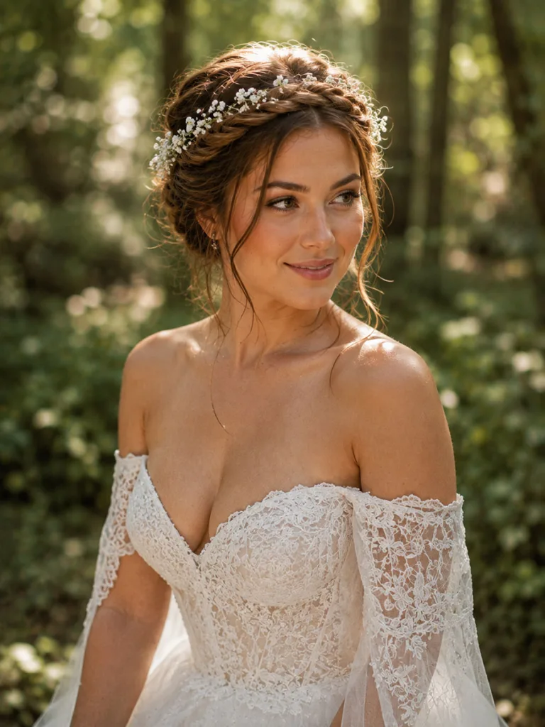 Braided crown wedding updo with flower crown detail in a forest clearing