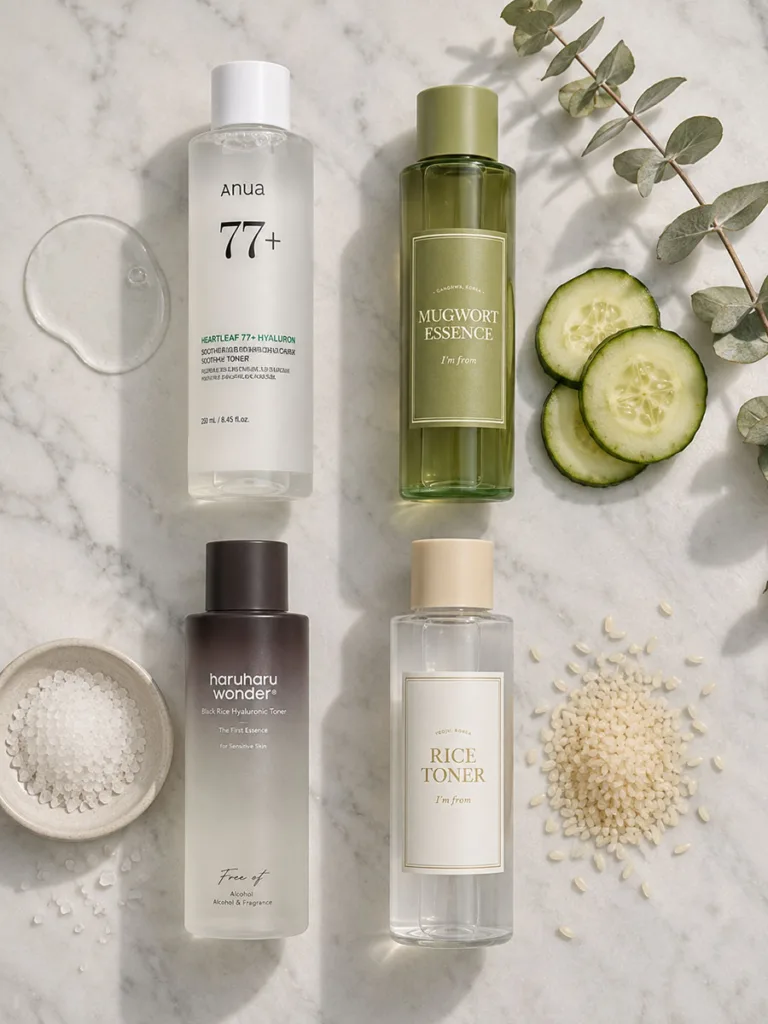 Four Korean toners styled with props representing dry, oily, sensitive, and dull skin concerns