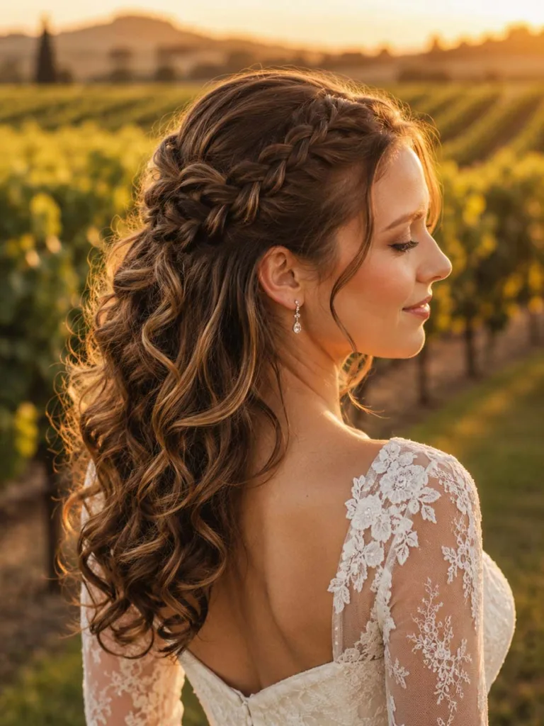 French braid into curls half up hairstyle for a soft romantic wedding look