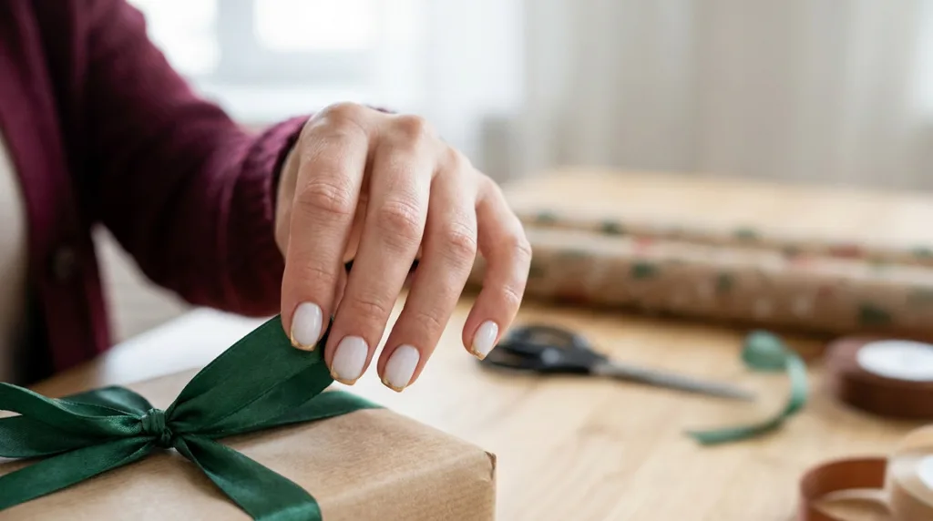Woman's hand with white and gold French tip Christmas nails tying a ribbon on a gift