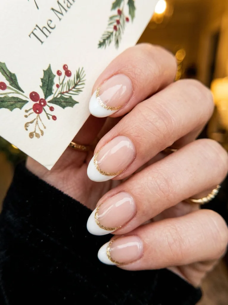 Hand with white and gold French tip Christmas nails holding a holiday party invitation