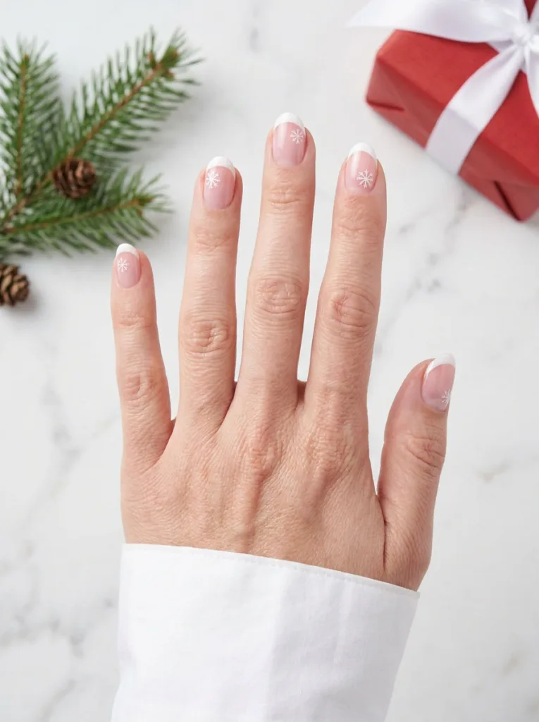 Fair-skinned hand flat on marble with french tip snowflake christmas nails.
