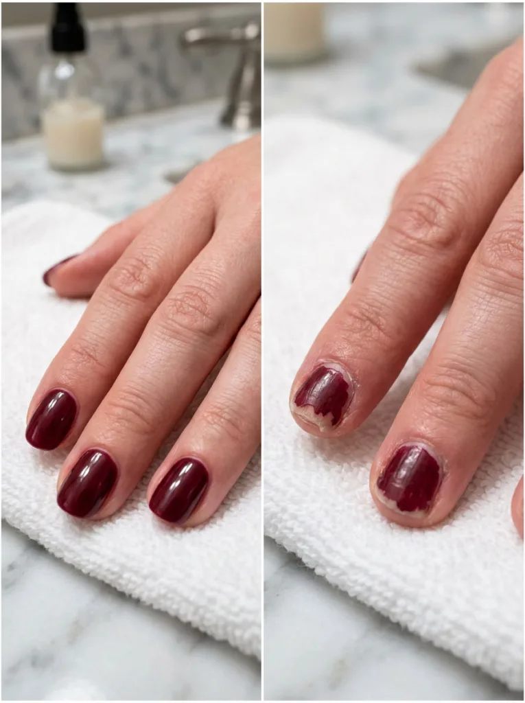 Comparison of a fresh burgundy manicure next to a chipped burgundy nail