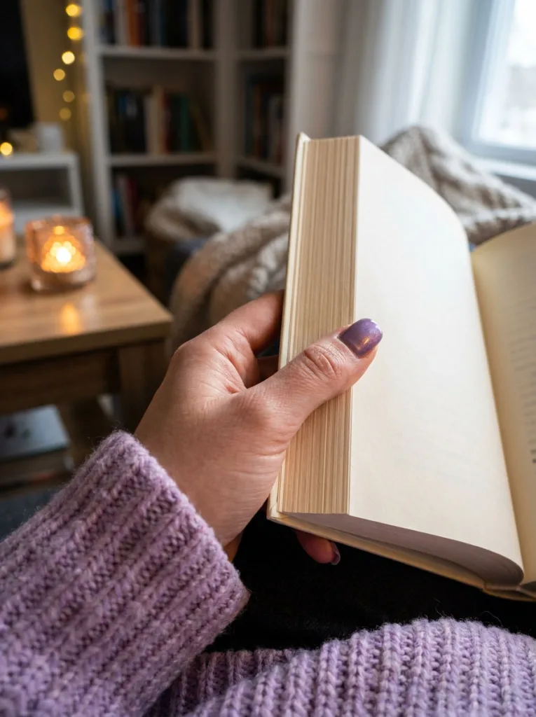 Fair-skinned hand with frosted lavender shimmer square winter nails holding an open book by candlelight