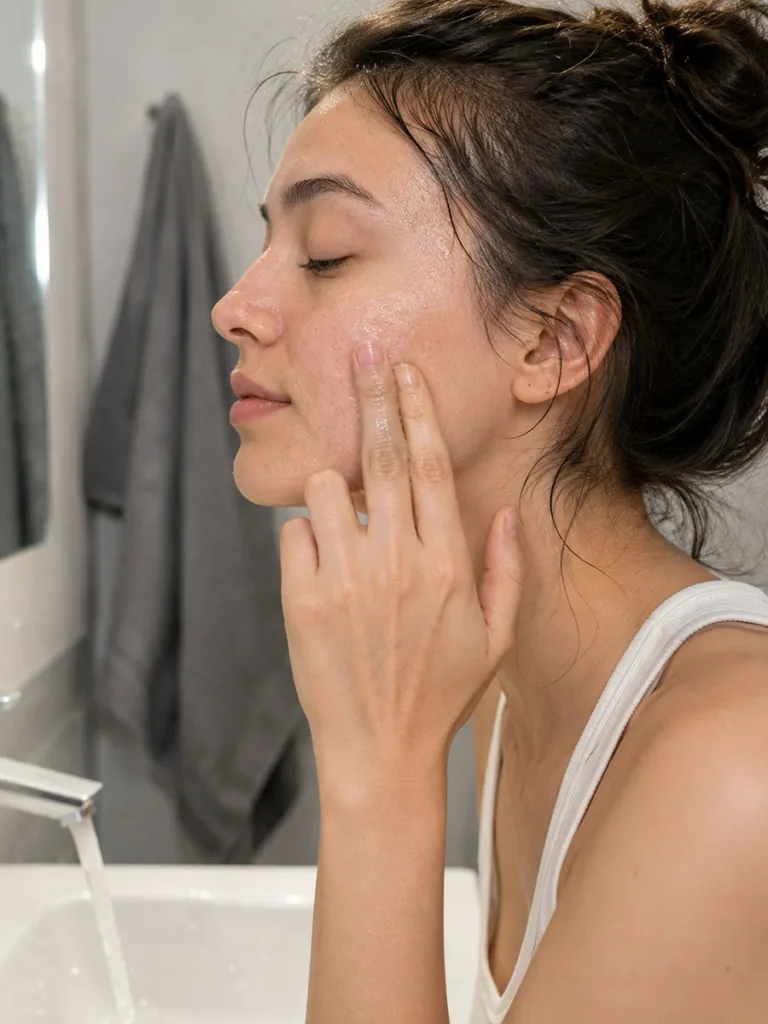 Woman gently exfoliating her skin with a soft product at the bathroom sink