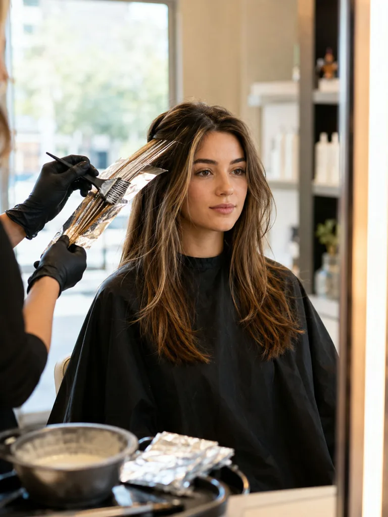 Colorist applying warm caramel balayage highlights to a client's blonde hair in a salon chair