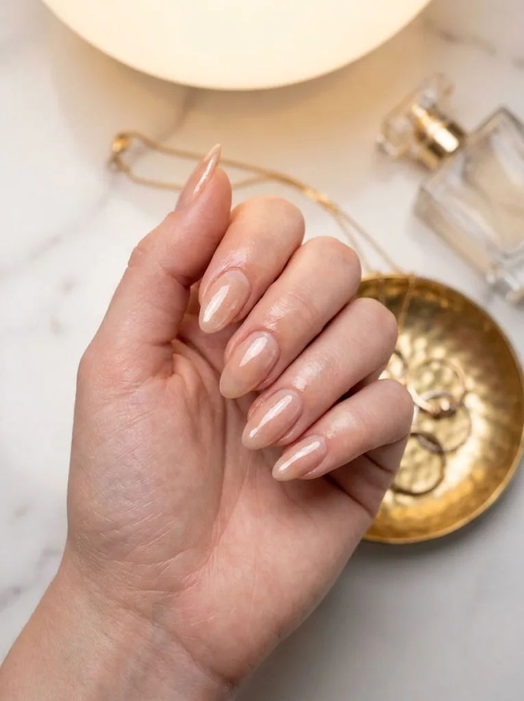 Fair-skinned hand with glazed nude shimmer nails resting near jewelry on a marble vanity